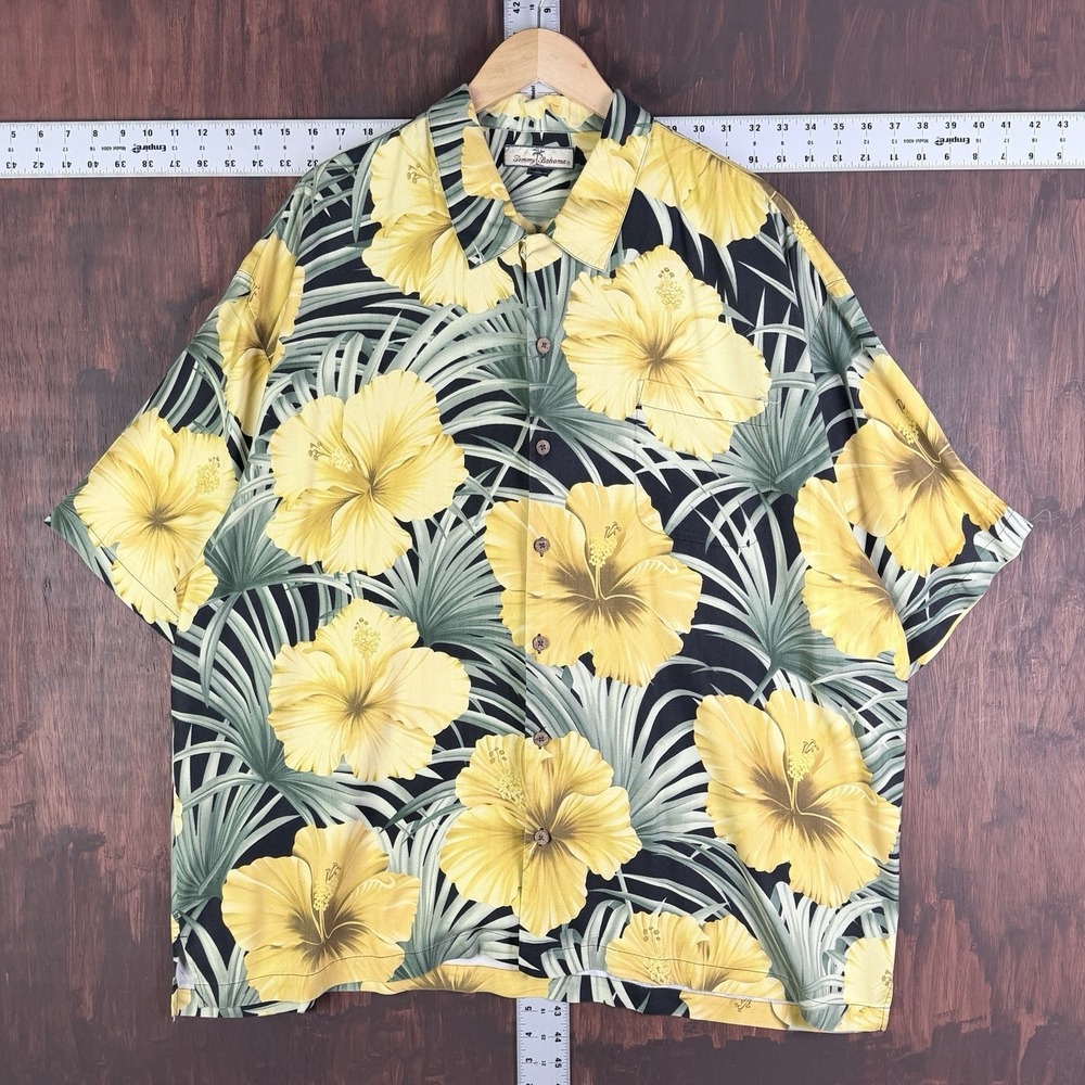 Tommy Bahama Hawaiian Shirt Silk Yellow Hibiscus Green Palm Men 2XL XXL‎ Vintage
